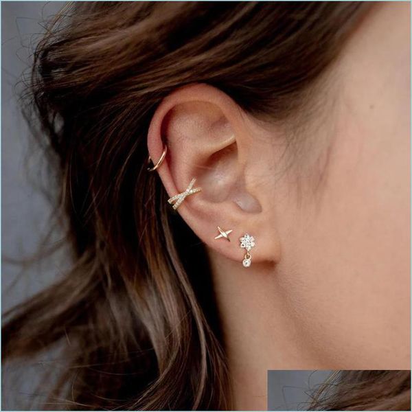 

hoop huggie cross ear cuff non pierced hoop earrings for women 925 sterling sier micro pave cz small clip on cartilage jewel 1pc dro dht8h, Golden;silver