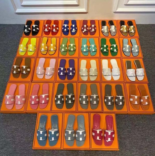 

women slippers ladies designer sandals summer flat shoes luxury leather fashion beach h letter drag 35-42 with original dust bag, Black
