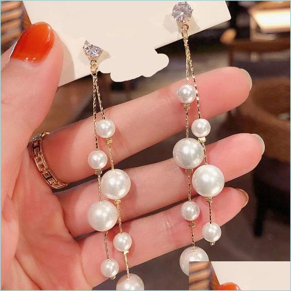 

dangle chandelier artificial pearl earrings inlaid rhinestone big small bead sier needle drop earring women bridal jewelry eardrop c dhcfg, Silver