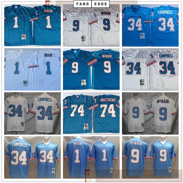 

college wear ncaa football retro vintage 9 steve mcnair jersey sewn 34 earl campbell 1 warren moon 74 bruce matthews jerseys men blue white, Black