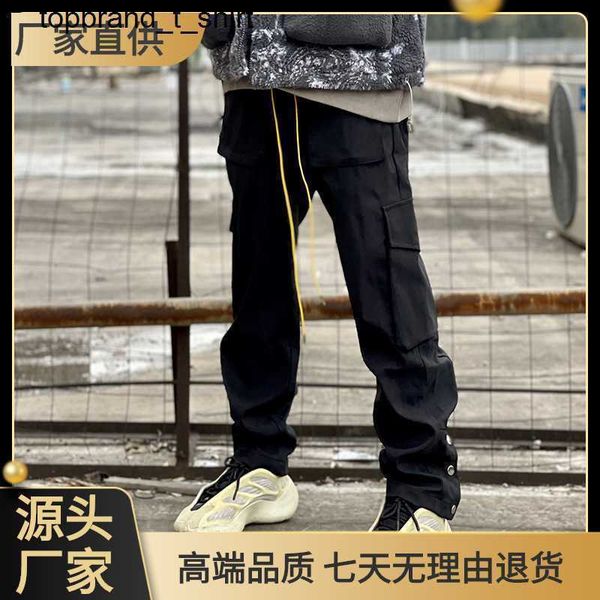 

men's pants designer rhude multi pocket foot buckle loose straight overalls men women fashion streetwear pants, Black
