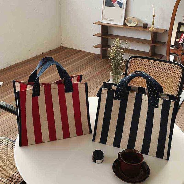

single package bags for women striped handbag canvas tote small square handle bag korean style summer beach mommy portable s y220304
