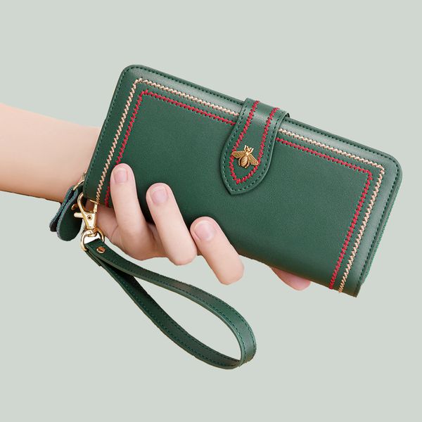 

women's leather wallet genuine leather women clutch female purse long money bag zipper bee luxury brand coin phone package, Red;black