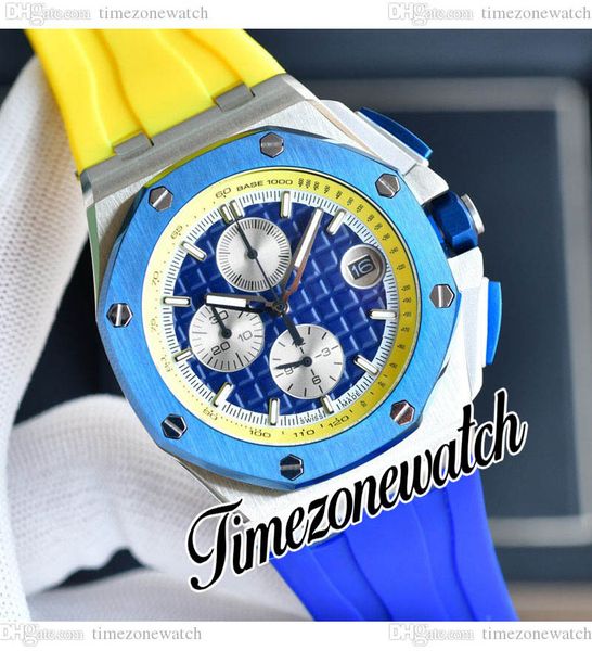 

44mm 26400so quartz chronograph mens watch 26400 blue white textured dial steel case yellow inner blue/yellow rubber strap satch new watches, Slivery;brown
