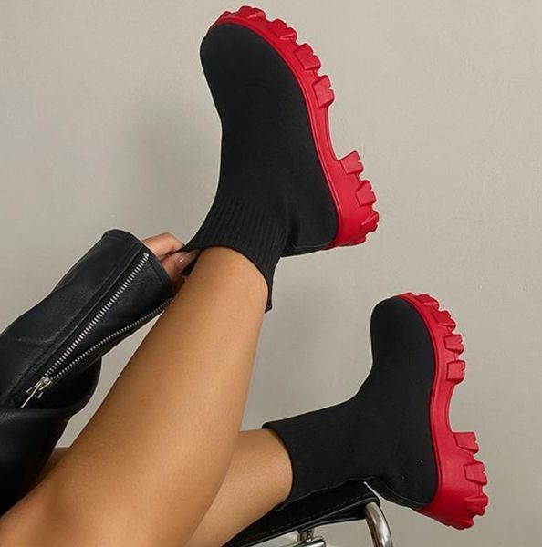 

women ankle boots casual elastic socks shoes 2023 autumn winter thick-soled large size short boots woman botas de mujer, Black
