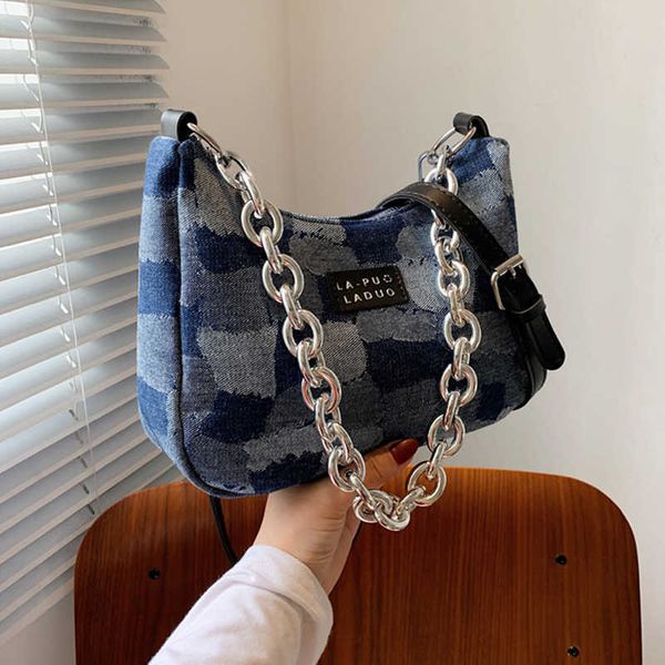 

single package casual thick chain denim stitching shoulder bags for women 2021 new fashion blue handbag ladies armpit vintage crossbody q082