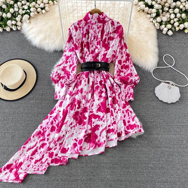 

korean fashion women spring summer dress long sleeve printed irregular elegant beach dresses pleated robe femme casual dress 2023, Black;gray
