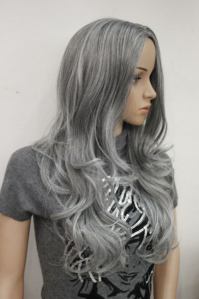 

no bangs gray/gray long wavy side skin part synthetic hair women's wig, Black