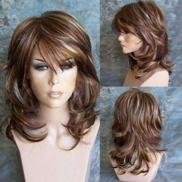 

women curly wavy mixed color brown synthetic wigs cosplay party wig, Black