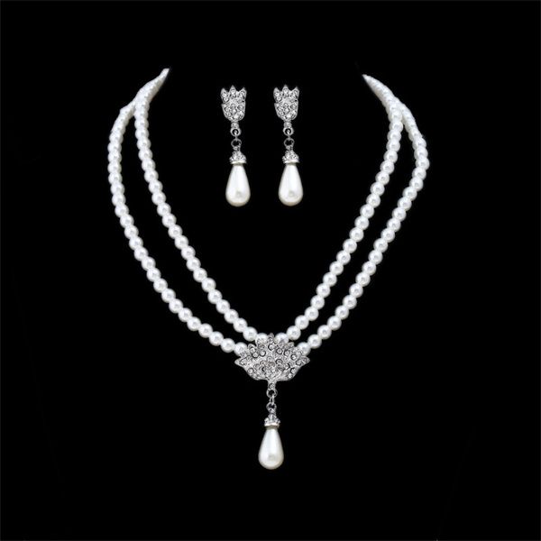 

european and american fashion earrings necklace bride pearl crystal diamond short collar neck set earrings ac311, Silver