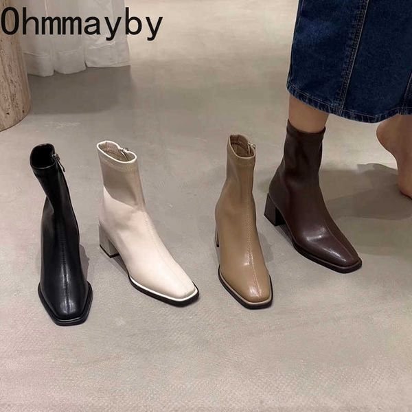 

boots 2022 autumn design heel ankle fashion square toe zipper ladies casual chelsea shoes soft leather short 221013, Black