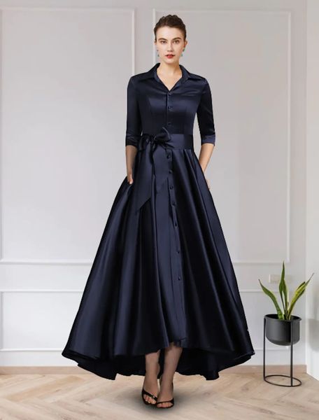 

dark navy a-line mother of the bride dress elegant v-neck asymmetrical satin half sleeve groom guest gowns with sash 2022 robe de soiree, Black;red