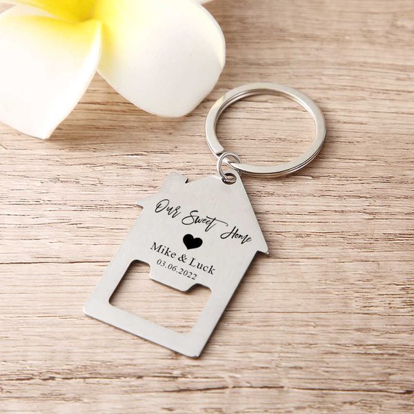 

key rings custom name and date bottle opener keychain house shaped stainless keyring new home gift for couples personalised gift for guest l, Slivery;golden