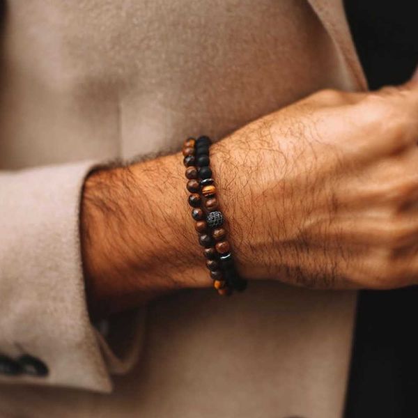 

beaded strands trendy 2 pcs/ set disco ball charm bracelet men simple handmade matte bead tiger eye strand bracelet for men jewelry gift l22, Black