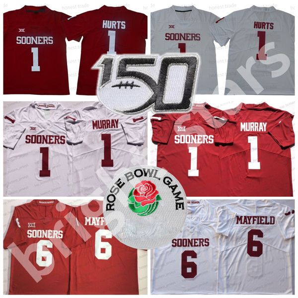 

college football jersey jalen hurts kyler 1 murray 6 baker mayfield white red mens football jerseys 150th rose patch, Black