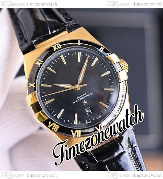 

39mm asian automatic mens watch 131.63.41.21.01.001 black dial 18k yellow gold case black bezel leather strap new watches twom timezonewatch, Slivery;brown