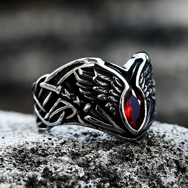 

cluster rings creative angel wings red ring for men women punk motorcycle retro stainless steel finger ring fashion jewelry wholesale l22101, Golden;silver