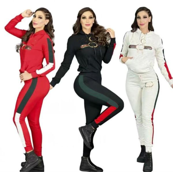 

womens sweaters sports tracksuits joggers red and green stripe splicing two piece sets jackets drawstring hooded hoodies and sport pants lux, Gray