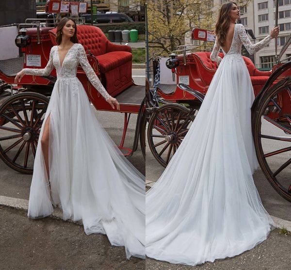 

long sleeves lace a line wedding dresses plunging v neck romantic tulle boho garden bridal gowns sweep train backless side split plus size r, White