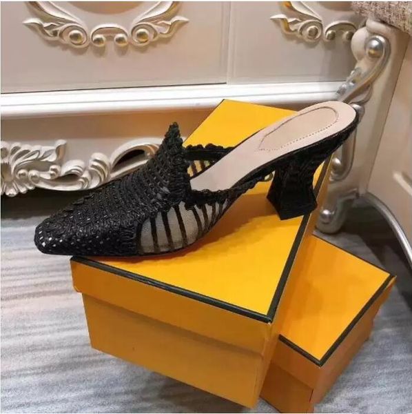 

womens shoes women high-heeled slippers garfield grass weaving designer sandals the noble temperament size 35-41 fashion classic, Black