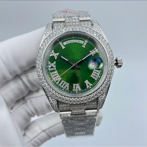 

41mm men's mechanical automatic watch new design luxury with full diamond double calendar roman dial and stainless steel material sapph, Slivery;brown