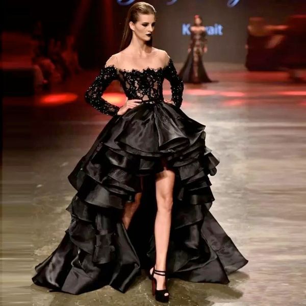 

charming black prom dresses new beaded lace organza long sleeve high low sheer neck ruffles tiered formal evening prom gowns