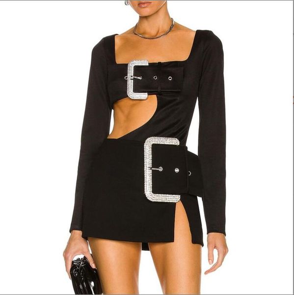 

black cutout long sleeve jumpsuit crystal buckle mini skirt spring/summerwomen's clothing party queen w318, Black;white