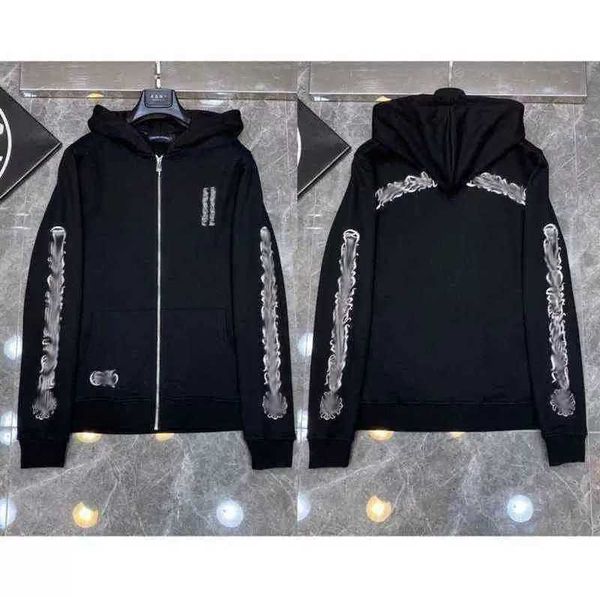 

classic fashion luxury mens zipper ch hoodies designer horseshoe sanskrit cross print pullover hooded sweatshirts sweater, Black