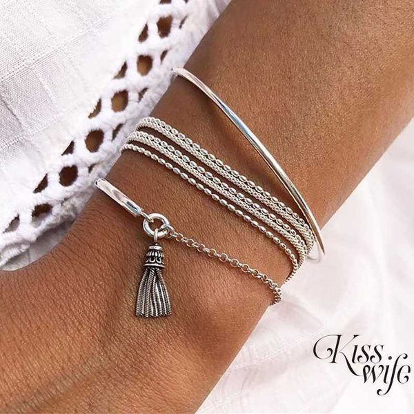 

beaded strands 3pcs/set silver color bracelet round bead chain bracelet multi-layer tassel bracelet for women chain bangle girls wrist jewel, Black