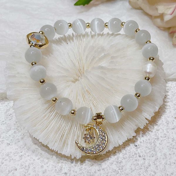 

beaded strands cat//moon/mermaid tail lucky white cat's eye stones beaded bracelets for women girls fashion jewelry christmas gifts ybr, Black
