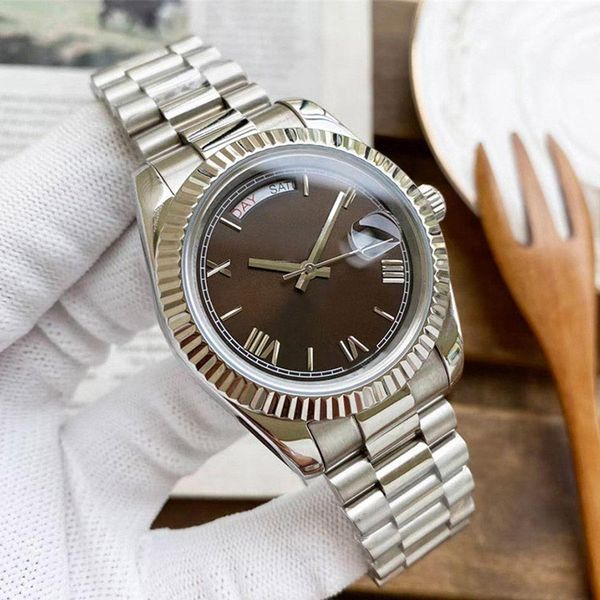 

dual calendar men wristwatches design automatic mechanical movement watches gold wristwatch 41mm steel strap life waterproof gift watch for, Slivery;brown