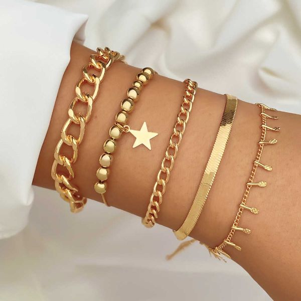 

beaded strands kisswife new boho 5pcs/set star beads bracelets set for women gold color alloy cuban chain bracelets charm jewelry female bij, Black