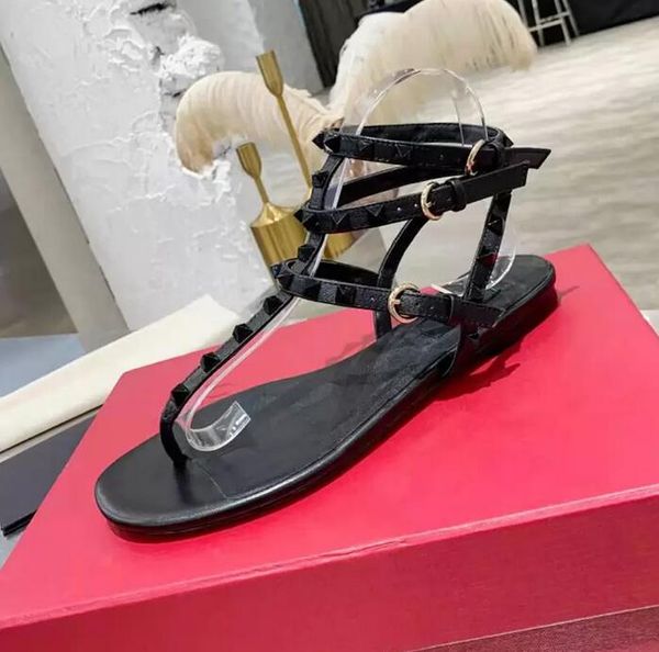 

designer rivets sandals v brand flat bottoms 3 straps sandal clip toe casual women's shoes flip flops black white red brown with box an