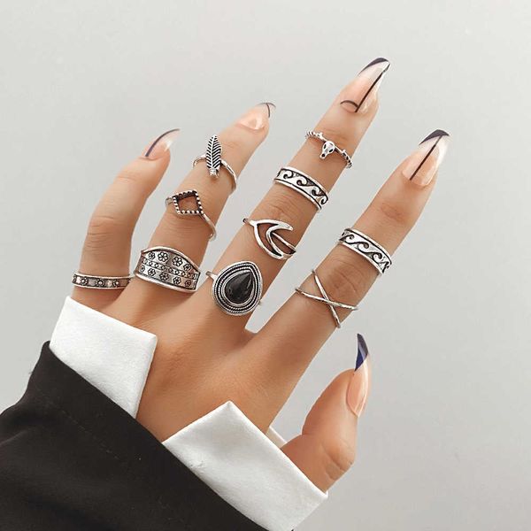 

cluster rings kisswife retro silver color rings set for women flowers wave pattern feather geometric finger ring 2022 trend fashion jewelry, Golden;silver