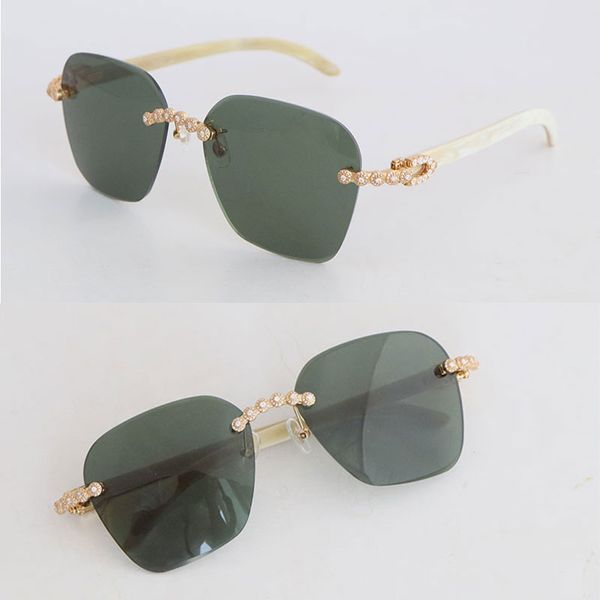 

moissanite diamond set rimless sunglass womans white genuine natural horn sunglasses men frames luxury sun glasses square size lens width 60, White;black