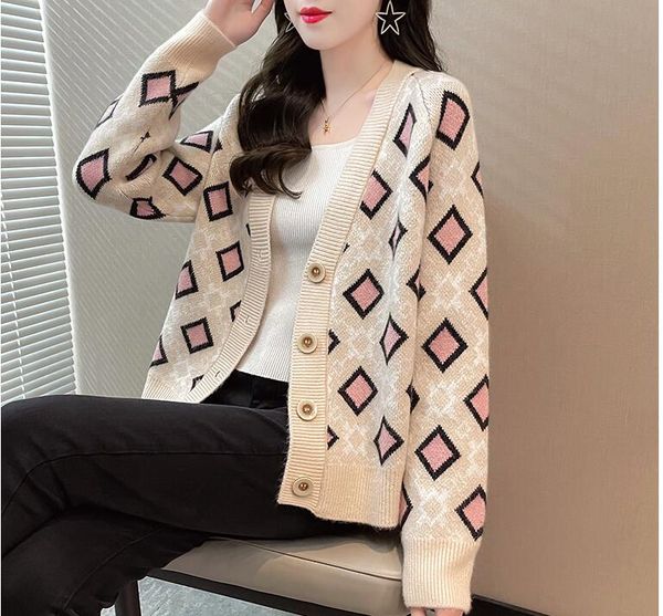 

women's sweaters for loose v-neck long-sleeved knitted cardigan ladies rhombus sweater coat all-match top, White;black