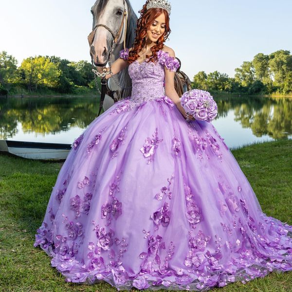 

purple handmade flowers quinceanera dress off the shoulder lace appliques beads princess ball gown vestido de 15 16 anos, Blue;red