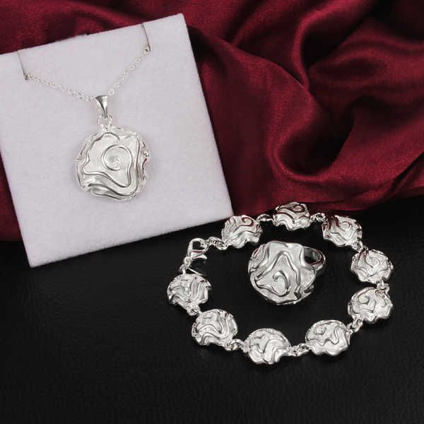 

beaded strands fine rose flower 925 sterling silver rings bracelets necklaces jewelry set for women fashion party wedding accessories gifts, Black