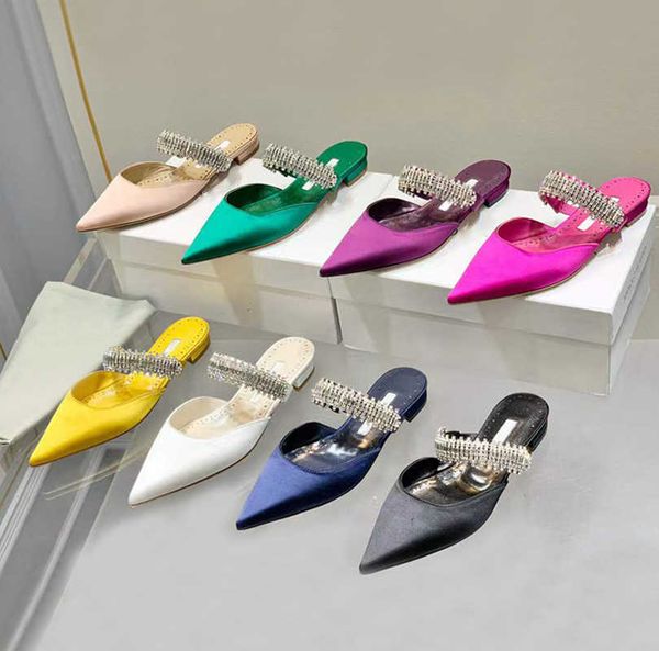 

slippers rose satin flat slippers mules pointed toe rhinestone decoration women crystal embellishment banquet dress shoes luxury, Black