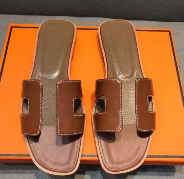 

genuine leather slippers designer for women's summer sandals 2022 new style flat bottom line type fashionable women shoes large size 35, Black