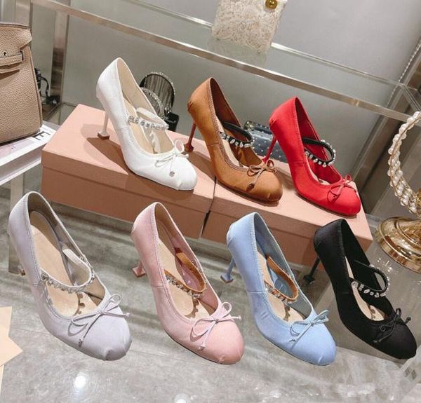 

miu 2022 satin high heels mary jane shoes women new rhinestone bow pleated round headed ladies banquet high-heeled ballet shoes nkdv, Black