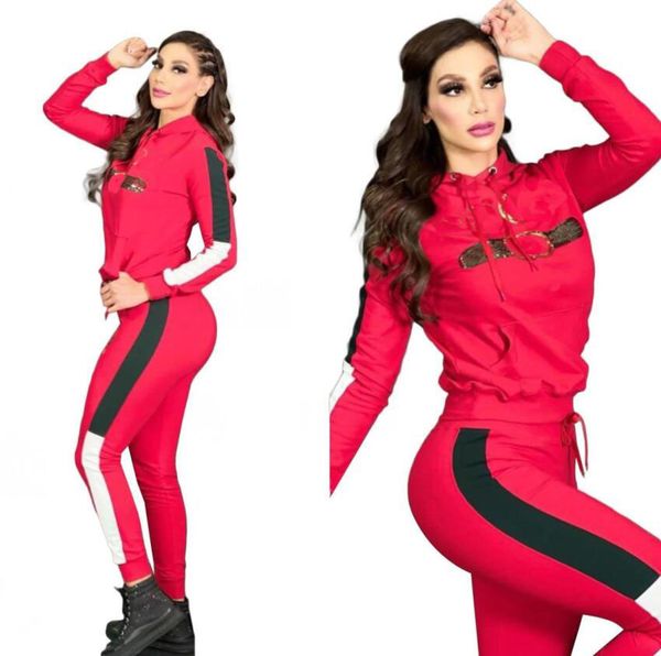 

new fashion tracksuits long sleeve red and green stripe splicing hooded sweatshirts 2 piece set casual sport suit women luxury tracksuit set, Gray