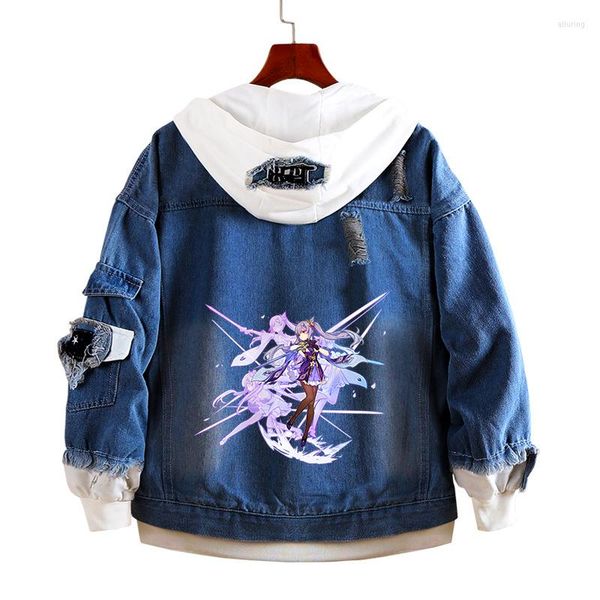 

men's jackets anime jacket genshin impact cosplay denim lumine hu tao hooded coat spring autumn outwear, Black;brown