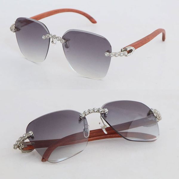

moissanite diamond set rimless sunglass womans wood sunglasses men frames luxury wooden sun glasses square size lens width 60-18-140mm lens, White;black