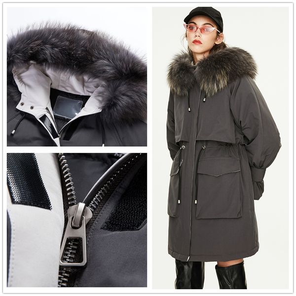 

winter outdoor sports designer down jacket mid-length style real wolf fur warm womens coat, Black