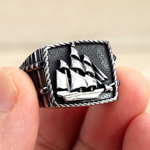 

cluster rings vintage viking pirate sailboat ring men's stainless steel biker rings cool male gothic sailor lucky amulet jewelry wholes, Golden;silver