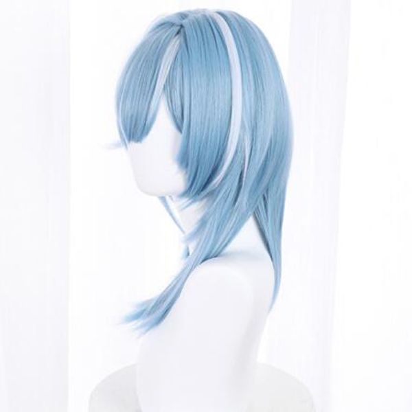 

new cosplay impact game cosplay blue mixed white medium hair wig, Black