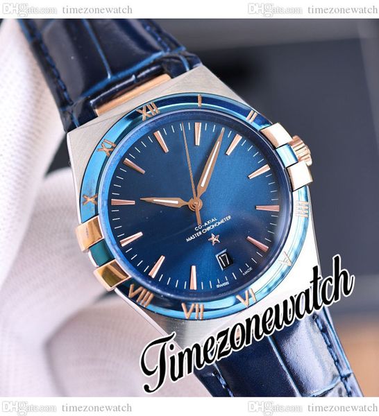 

39mm asian automatic mens watch 131.23.41.21.03.001 blue dial rose gold two tone steel case blue leather strap new watches twom timezonewatc, Slivery;brown