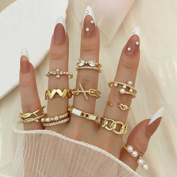 

cluster rings kisswife new gold color pearl crystal rings set for women girls geometric heart chain open adjustable finger rings charm jewel, Golden;silver