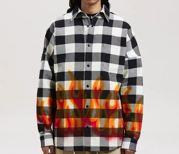 

2022 europe usa check cotton fire print tee autumn long sleeve casual shirt, Black;brown